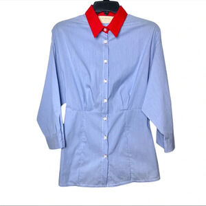 Kaos Jeans fine stripe button down shirt with red collar and cinched waist Small